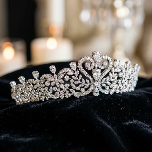 Tiara y texturas sobre terciopelo oscuro