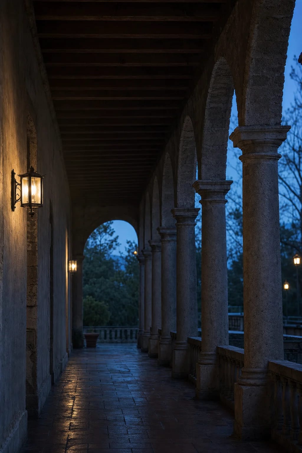 Logia cubierta de Hacienda Los Claustros al anochecer