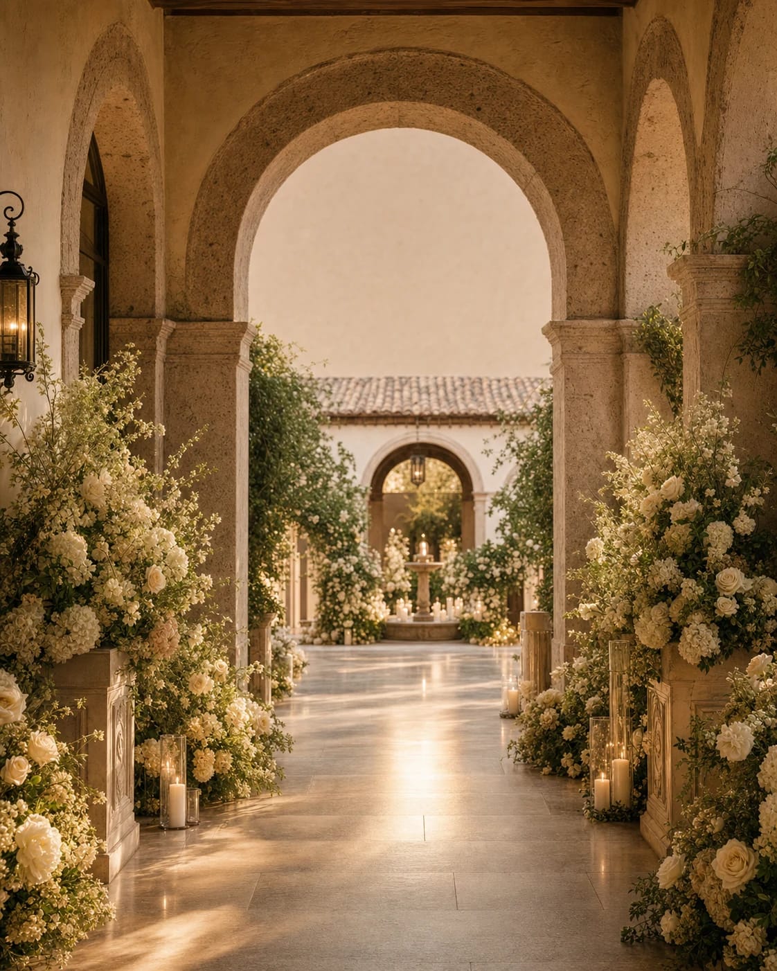 Corredor de hacienda con flores marfil y luz cálida