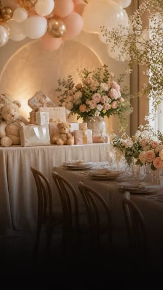 Mesa de baby shower cálida con flores, regalos y decoración delicada