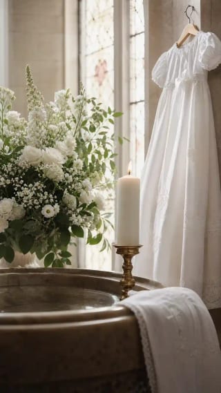 Detalle ceremonial de bautizo con vela, flores blancas y luz de iglesia