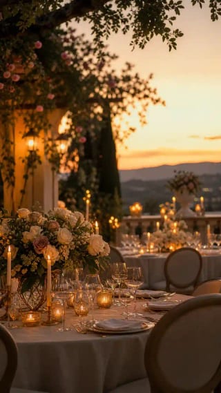 Recepción de boda elegante al atardecer con mesa floral y velas