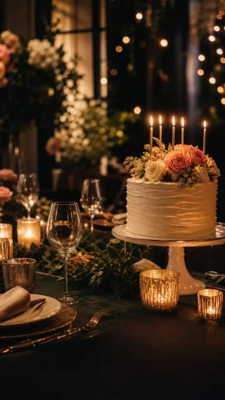 Pastel de cumpleaños elegante con velas y mesa de cena cálida