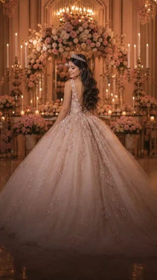 Quinceañera en salón elegante con flores y luz cálida
