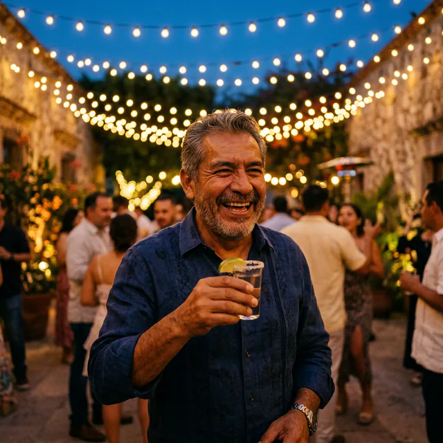 Brindis bajo la luz cálida de la Hacienda.